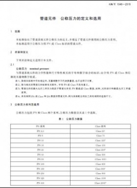 管道元件 公稱壓力的定義和選用國標/T 1048-2019